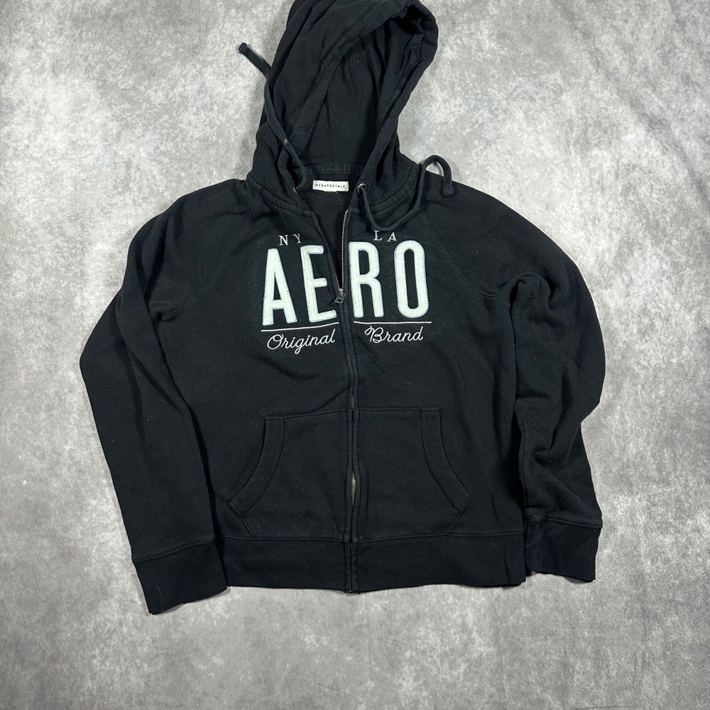Aeropostale Womens M Black Full Zip Hoodie NY LA Aero Graphic Sweatshirt‎ Y2K